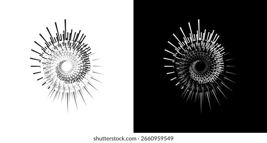 Dynamic abstract spiral sound wave rhythm lines. Circular spiral sound wave rhythm of lines. Circular futuristic abstract lines, black and white background.	
