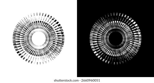 Líneas dinámicas abstractas del ritmo de ondas de sonido en espiral. Onda de sonido circular en espiral con ritmo de líneas. Líneas abstractas futuristas circulares, fondo blanco y negro.	