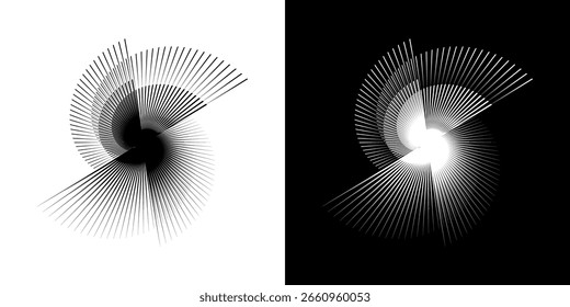 Dynamic abstract spiral sound wave rhythm lines. Circular spiral sound wave rhythm of lines. Circular futuristic abstract lines, black and white background.	