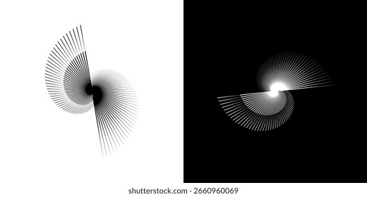 Linhas de ritmo de onda de som espiral abstrata dinâmica. Ritmo de onda de som espiral circular de linhas. Linhas abstratas futuristas circulares, fundo preto e branco.	