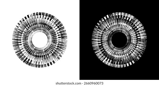 Dynamic abstract spiral sound wave rhythm lines. Circular spiral sound wave rhythm of lines. Circular futuristic abstract lines, black and white background.	