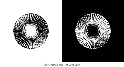 Líneas dinámicas abstractas del ritmo de ondas de sonido en espiral. Onda de sonido circular en espiral con ritmo de líneas. Líneas abstractas futuristas circulares, fondo blanco y negro.	
