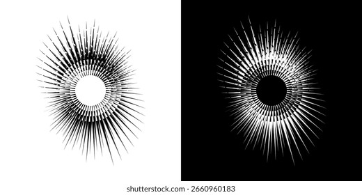 Líneas dinámicas abstractas del ritmo de ondas de sonido en espiral. Onda de sonido circular en espiral con ritmo de líneas. Líneas abstractas futuristas circulares, fondo blanco y negro.	