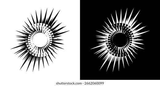 Dynamic abstract spiral sound wave rhythm lines. Circular spiral sound wave rhythm of lines. Circular futuristic abstract lines, black and white background.	