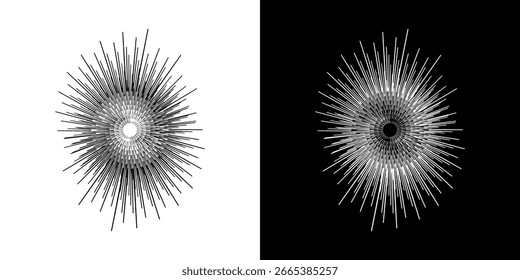 Linhas de ritmo de onda de som espiral abstrata dinâmica. Ritmo de onda de som espiral circular de linhas. Linhas abstratas futuristas circulares, fundo preto e branco.	
