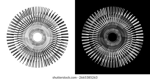 Linhas de ritmo de onda de som espiral abstrata dinâmica. Ritmo de onda de som espiral circular de linhas. Linhas abstratas futuristas circulares, fundo preto e branco.	
