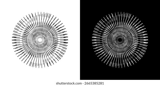 Dynamic abstract spiral sound wave rhythm lines. Circular spiral sound wave rhythm of lines. Circular futuristic abstract lines, black and white background.	

