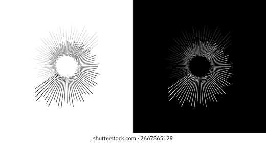 Líneas dinámicas abstractas del ritmo de ondas de sonido en espiral. Onda de sonido circular en espiral con ritmo de líneas. Líneas abstractas futuristas circulares, fondo blanco y negro.