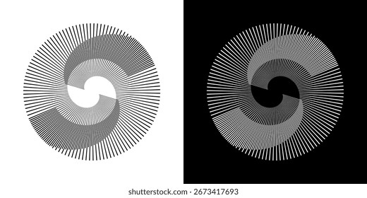 Líneas dinámicas abstractas del ritmo de ondas de sonido en espiral. Onda de sonido circular en espiral con ritmo de líneas. Líneas abstractas futuristas circulares, fondo blanco y negro.