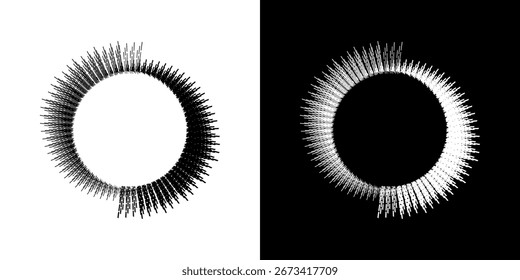 Dynamische abstrakte Spiral-Schallwellen-Rhythmuslinien. Kreisförmige Spirale Schallwelle Rhythmus von Linien. Zirkuläre futuristische abstrakte Linien, schwarz-weißer Hintergrund.