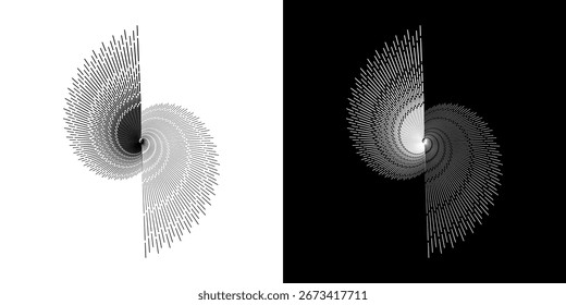 Dynamic abstract spiral sound wave rhythm lines. Circular spiral sound wave rhythm of lines. Circular futuristic abstract lines, black and white background.