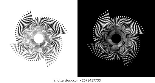 Dynamic abstract spiral sound wave rhythm lines. Circular spiral sound wave rhythm of lines. Circular futuristic abstract lines, black and white background.