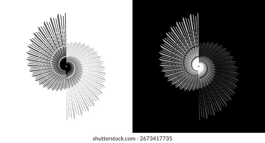 Linhas de ritmo de onda de som espiral abstrata dinâmica. Ritmo de onda de som espiral circular de linhas. Linhas abstratas futuristas circulares, fundo preto e branco.