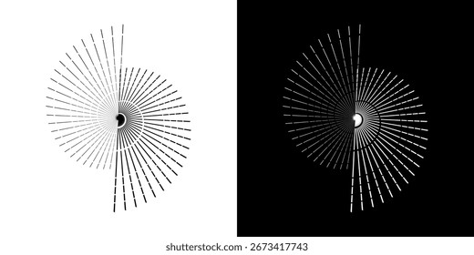Dynamic abstract spiral sound wave rhythm lines. Circular spiral sound wave rhythm of lines. Circular futuristic abstract lines, black and white background.