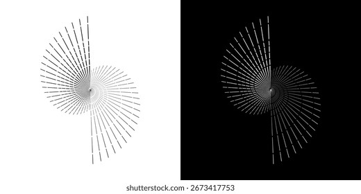 Dynamic abstract spiral sound wave rhythm lines. Circular spiral sound wave rhythm of lines. Circular futuristic abstract lines, black and white background.