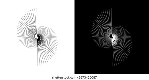 Dynamic abstract spiral sound wave rhythm lines. Circular spiral sound wave rhythm of lines. Circular futuristic abstract lines, black and white background.	
