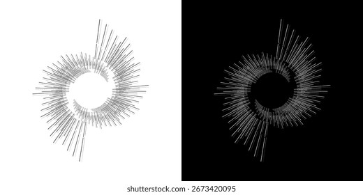 Líneas dinámicas abstractas del ritmo de ondas de sonido en espiral. Onda de sonido circular en espiral con ritmo de líneas. Líneas abstractas futuristas circulares, fondo blanco y negro.	
