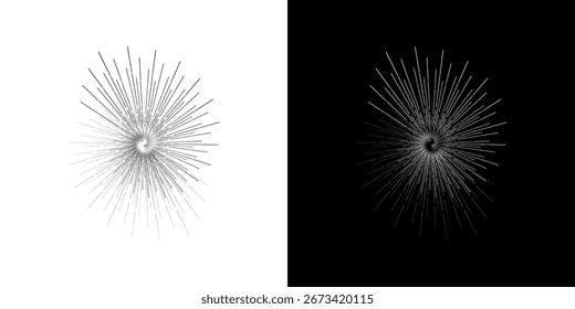 Linhas de ritmo de onda de som espiral abstrata dinâmica. Ritmo de onda de som espiral circular de linhas. Linhas abstratas futuristas circulares, fundo preto e branco.	
