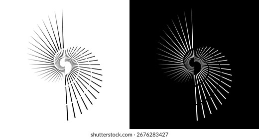 Linhas de ritmo de onda de som espiral abstrata dinâmica. Ritmo de onda de som espiral circular de linhas. Linhas abstratas futuristas circulares, fundo preto e branco.
