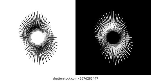 Linhas de ritmo de onda de som espiral abstrata dinâmica. Ritmo de onda de som espiral circular de linhas. Linhas abstratas futuristas circulares, fundo preto e branco.