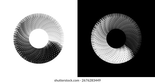 Líneas dinámicas abstractas del ritmo de ondas de sonido en espiral. Onda de sonido circular en espiral con ritmo de líneas. Líneas abstractas futuristas circulares, fondo blanco y negro.