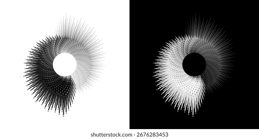 Líneas dinámicas abstractas del ritmo de ondas de sonido en espiral. Onda de sonido circular en espiral con ritmo de líneas. Líneas abstractas futuristas circulares, fondo blanco y negro.