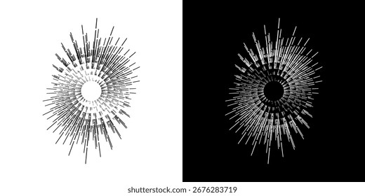 Dynamic abstract spiral sound wave rhythm lines. Circular spiral sound wave rhythm of lines. Circular futuristic abstract lines, black and white background.	