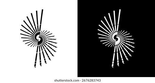 Linhas de ritmo de onda de som espiral abstrata dinâmica. Ritmo de onda de som espiral circular de linhas. Linhas abstratas futuristas circulares, fundo preto e branco.	