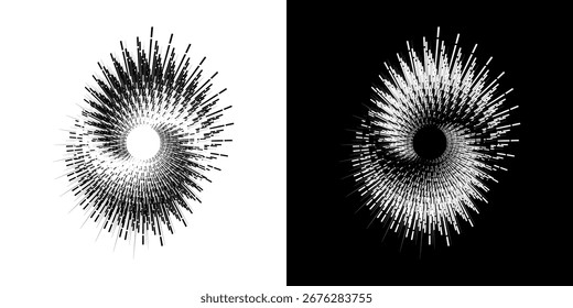 Líneas dinámicas abstractas del ritmo de ondas de sonido en espiral. Onda de sonido circular en espiral con ritmo de líneas. Líneas abstractas futuristas circulares, fondo blanco y negro.	