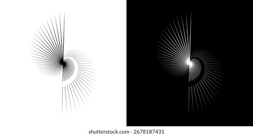 Linhas de ritmo de onda de som espiral abstrata dinâmica. Ritmo de onda de som espiral circular de linhas. Linhas abstratas futuristas circulares, fundo preto e branco.