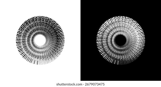 Líneas dinámicas abstractas del ritmo de ondas de sonido en espiral. Onda de sonido circular en espiral con ritmo de líneas. Líneas abstractas futuristas circulares, fondo blanco y negro.	
