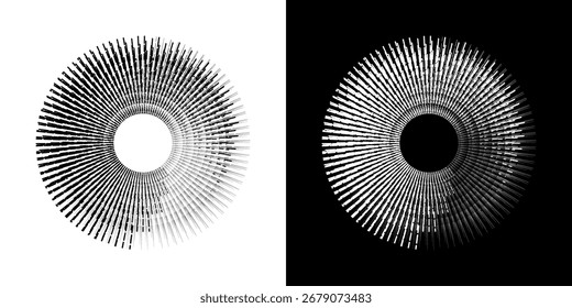 Líneas dinámicas abstractas del ritmo de ondas de sonido en espiral. Onda de sonido circular en espiral con ritmo de líneas. Líneas abstractas futuristas circulares, fondo blanco y negro.	
