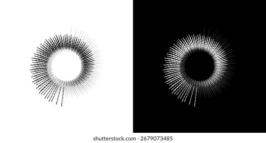 Dynamische abstrakte Spiral-Schallwellen-Rhythmuslinien. Kreisförmige Spirale Schallwelle Rhythmus von Linien. Zirkuläre futuristische abstrakte Linien, schwarz-weißer Hintergrund.	
