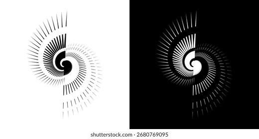 	
Líneas dinámicas abstractas del ritmo de ondas de sonido en espiral. Onda de sonido circular en espiral con ritmo de líneas. Líneas abstractas futuristas circulares, fondo blanco y negro.