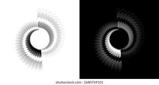 	
Dynamic abstract spiral sound wave rhythm lines. Circular spiral sound wave rhythm of lines. Circular futuristic abstract lines, black and white background.