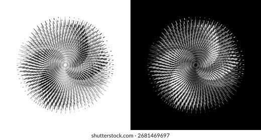 Dynamic abstract spiral sound wave rhythm lines. Circular spiral sound wave rhythm of lines. Circular futuristic abstract lines, black and white background.	