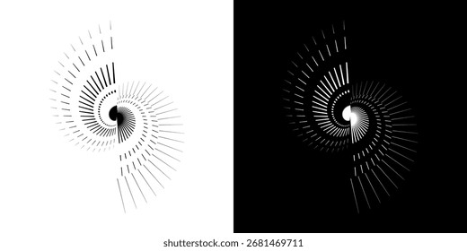Dynamic abstract spiral sound wave rhythm lines. Circular spiral sound wave rhythm of lines. Circular futuristic abstract lines, black and white background.	