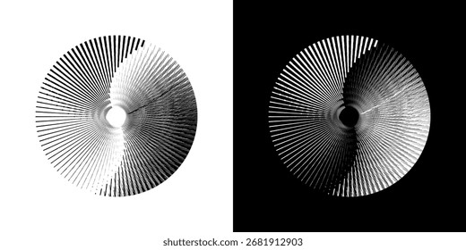 Linhas de ritmo de onda de som espiral abstrata dinâmica. Ritmo de onda de som espiral circular de linhas. Linhas abstratas futuristas circulares, fundo preto e branco.	
