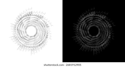 Dynamic abstract spiral sound wave rhythm lines. Circular spiral sound wave rhythm of lines. Circular futuristic abstract lines, black and white background.	
