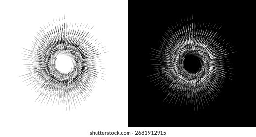 Dynamic abstract spiral sound wave rhythm lines. Circular spiral sound wave rhythm of lines. Circular futuristic abstract lines, black and white background.	