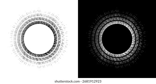 Dynamic abstract spiral sound wave rhythm lines. Circular spiral sound wave rhythm of lines. Circular futuristic abstract lines, black and white background.	