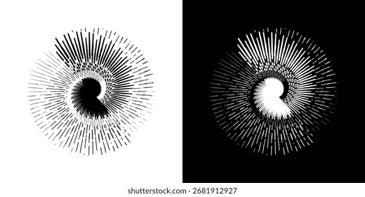 Líneas dinámicas abstractas del ritmo de ondas de sonido en espiral. Onda de sonido circular en espiral con ritmo de líneas. Líneas abstractas futuristas circulares, fondo blanco y negro.	