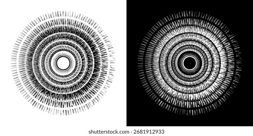 Linhas de ritmo de onda de som espiral abstrata dinâmica. Ritmo de onda de som espiral circular de linhas. Linhas abstratas futuristas circulares, fundo preto e branco.	