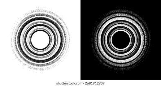 Linhas de ritmo de onda de som espiral abstrata dinâmica. Ritmo de onda de som espiral circular de linhas. Linhas abstratas futuristas circulares, fundo preto e branco.	