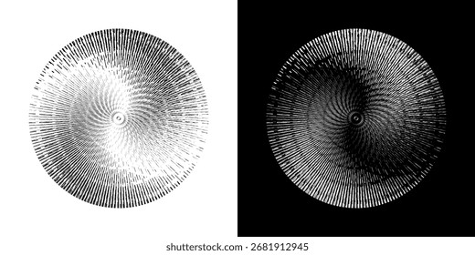 Dynamic abstract spiral sound wave rhythm lines. Circular spiral sound wave rhythm of lines. Circular futuristic abstract lines, black and white background.	