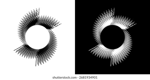 Líneas dinámicas abstractas del ritmo de ondas de sonido en espiral. Onda de sonido circular en espiral con ritmo de líneas. Líneas abstractas futuristas circulares, fondo blanco y negro.	