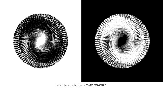 Líneas dinámicas abstractas del ritmo de ondas de sonido en espiral. Onda de sonido circular en espiral con ritmo de líneas. Líneas abstractas futuristas circulares, fondo blanco y negro.	