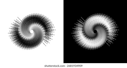 Linhas de ritmo de onda de som espiral abstrata dinâmica. Ritmo de onda de som espiral circular de linhas. Linhas abstratas futuristas circulares, fundo preto e branco.	