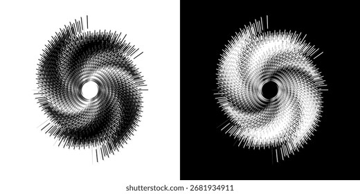 Líneas dinámicas abstractas del ritmo de ondas de sonido en espiral. Onda de sonido circular en espiral con ritmo de líneas. Líneas abstractas futuristas circulares, fondo blanco y negro.	