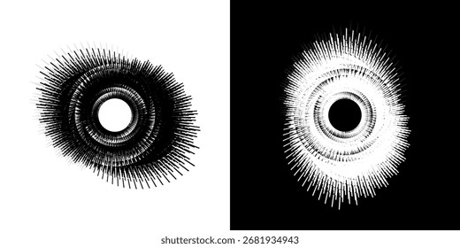 Dynamic abstract spiral sound wave rhythm lines. Circular spiral sound wave rhythm of lines. Circular futuristic abstract lines, black and white background.	